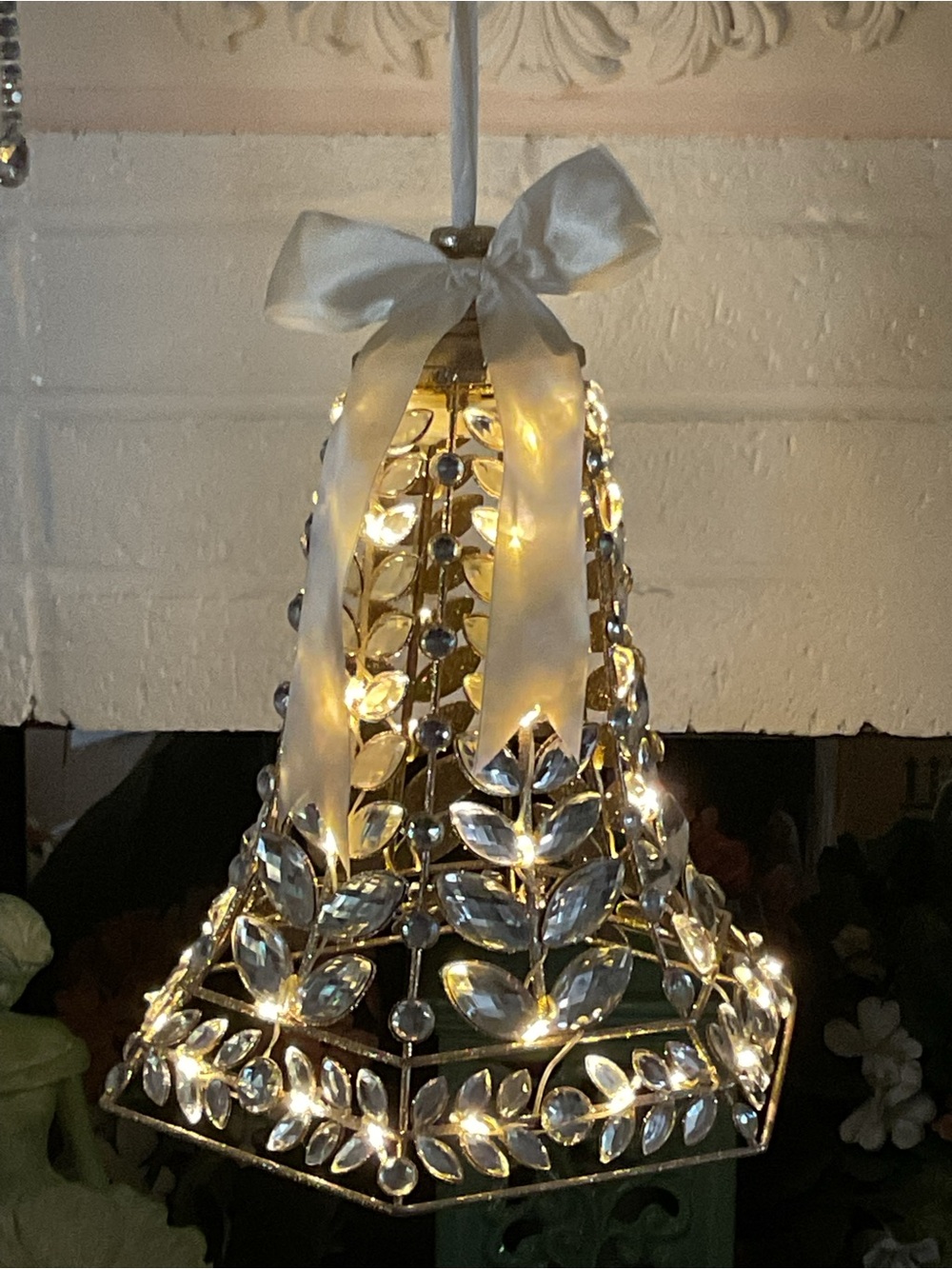 Crystal Leaf Holiday Bell String Light with Ivory Bow